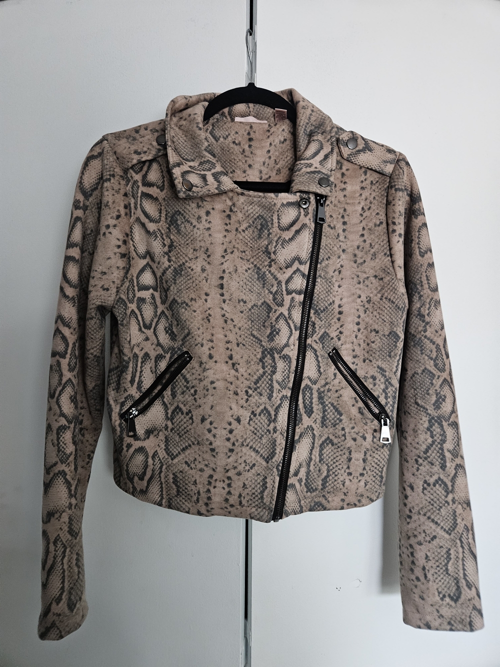 Snake-Print Taupe Asymmetric Leather Jacket